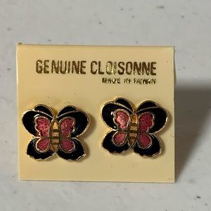 Genuine Cloisonné Pink, Yellow and Black Butterfly Post Earrings